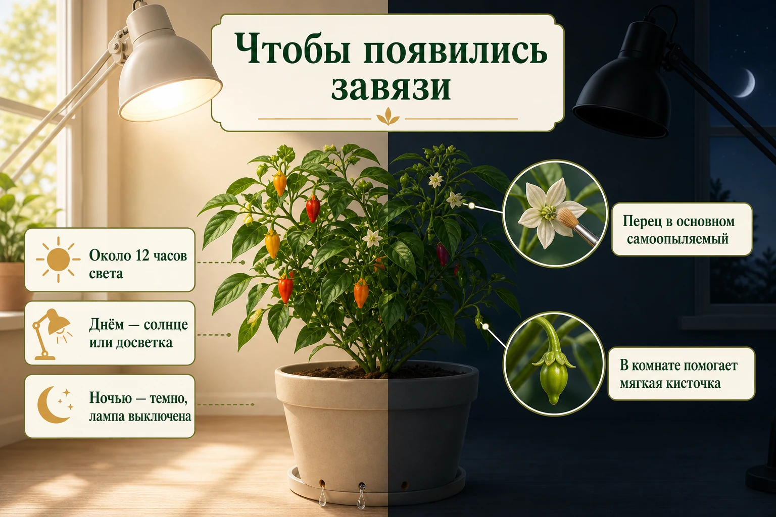 Один куст декоративного перца с дневным светом, тёмной ночью и ручным опылением мягкой кисточкой.