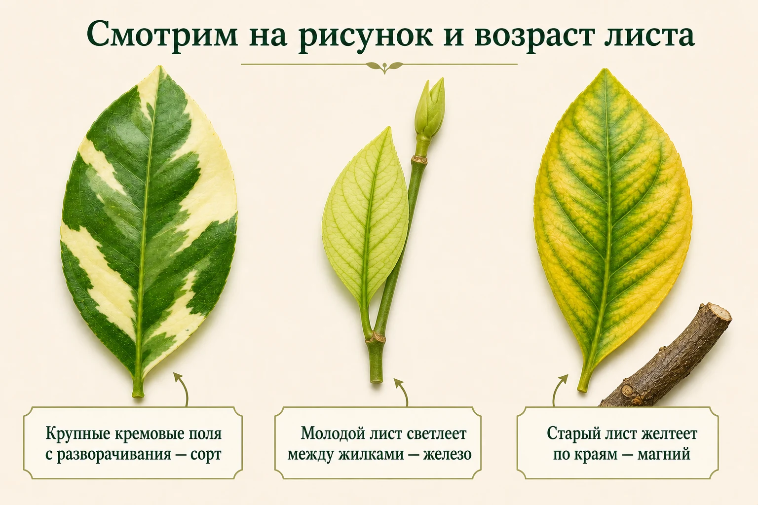 Сравнение сортовой пестроты, межжилкового посветления молодого листа при нехватке железа и краевого пожелтения старого листа при нехватке магния.