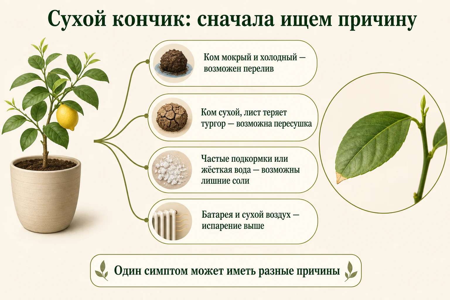 Диагностическая схема причин сухих кончиков листьев лимона: перелив, пересушка, лишние соли и сухой воздух.