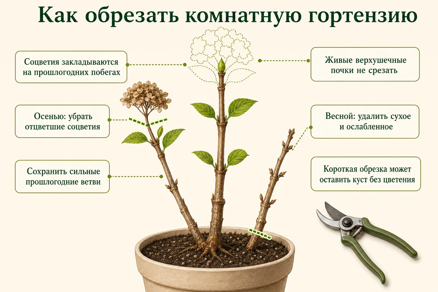 Обрезка крупнолистной гортензии: сохранение сильных прошлогодних побегов и живых верхушечных почек.