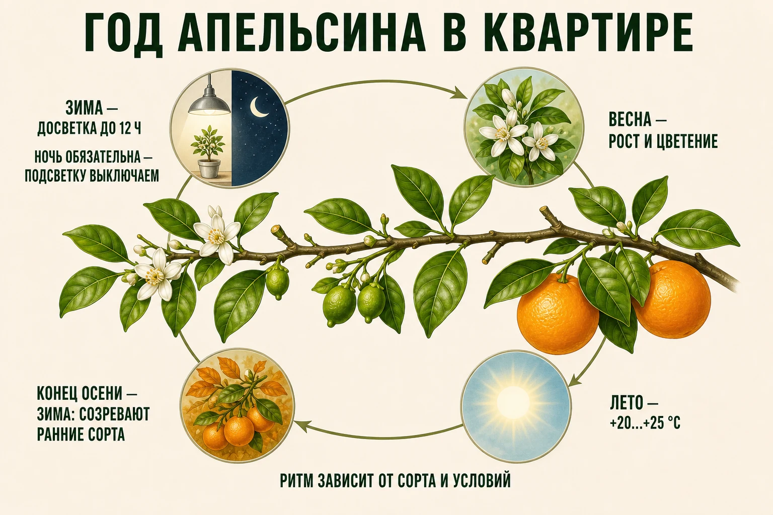 Сезонный ритм комнатного апельсина с зимней досветкой и обязательной тёмной ночью