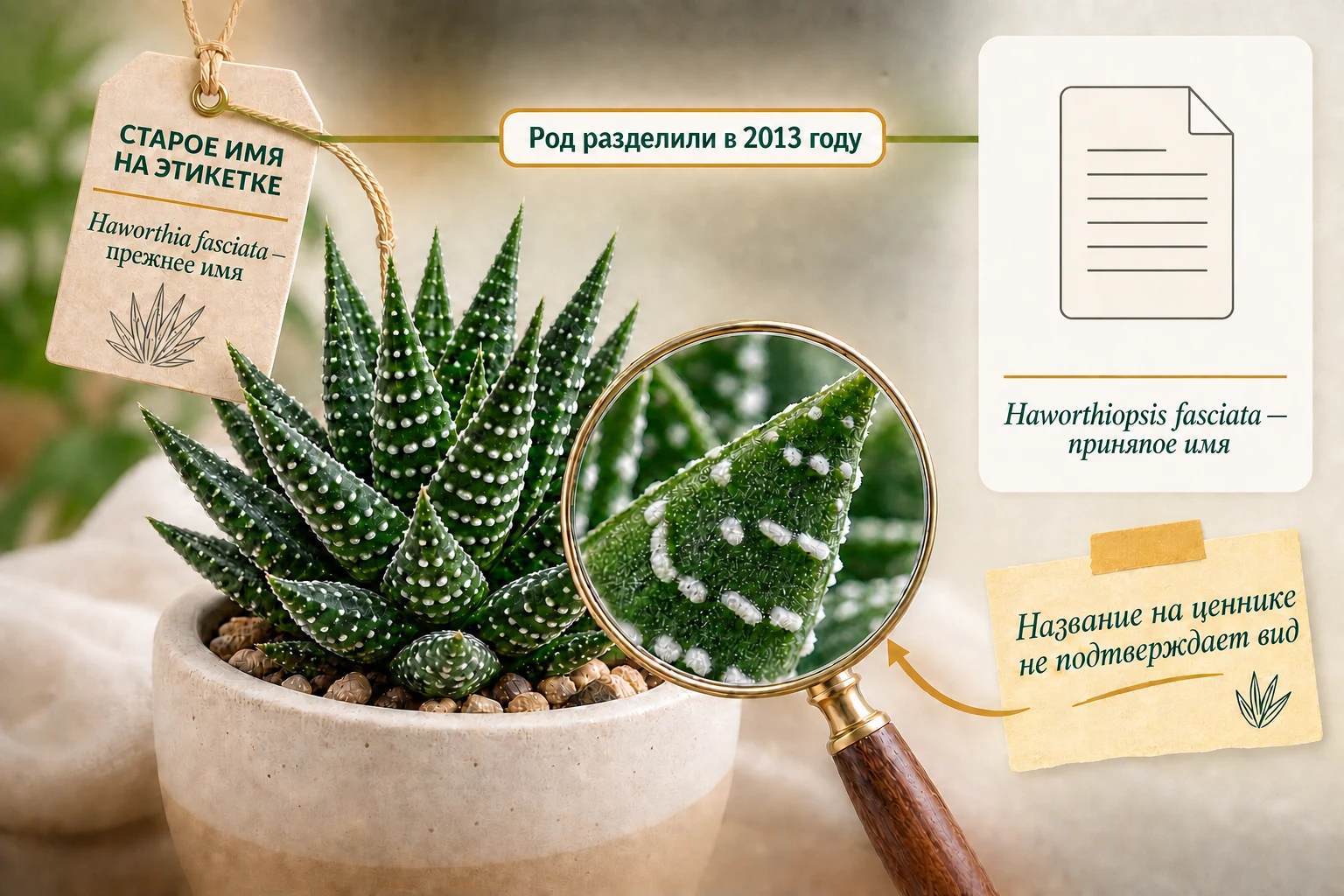 Переход от старой бирки Haworthia fasciata к принятому имени Haworthiopsis fasciata после разделения рода в 2013 году.
