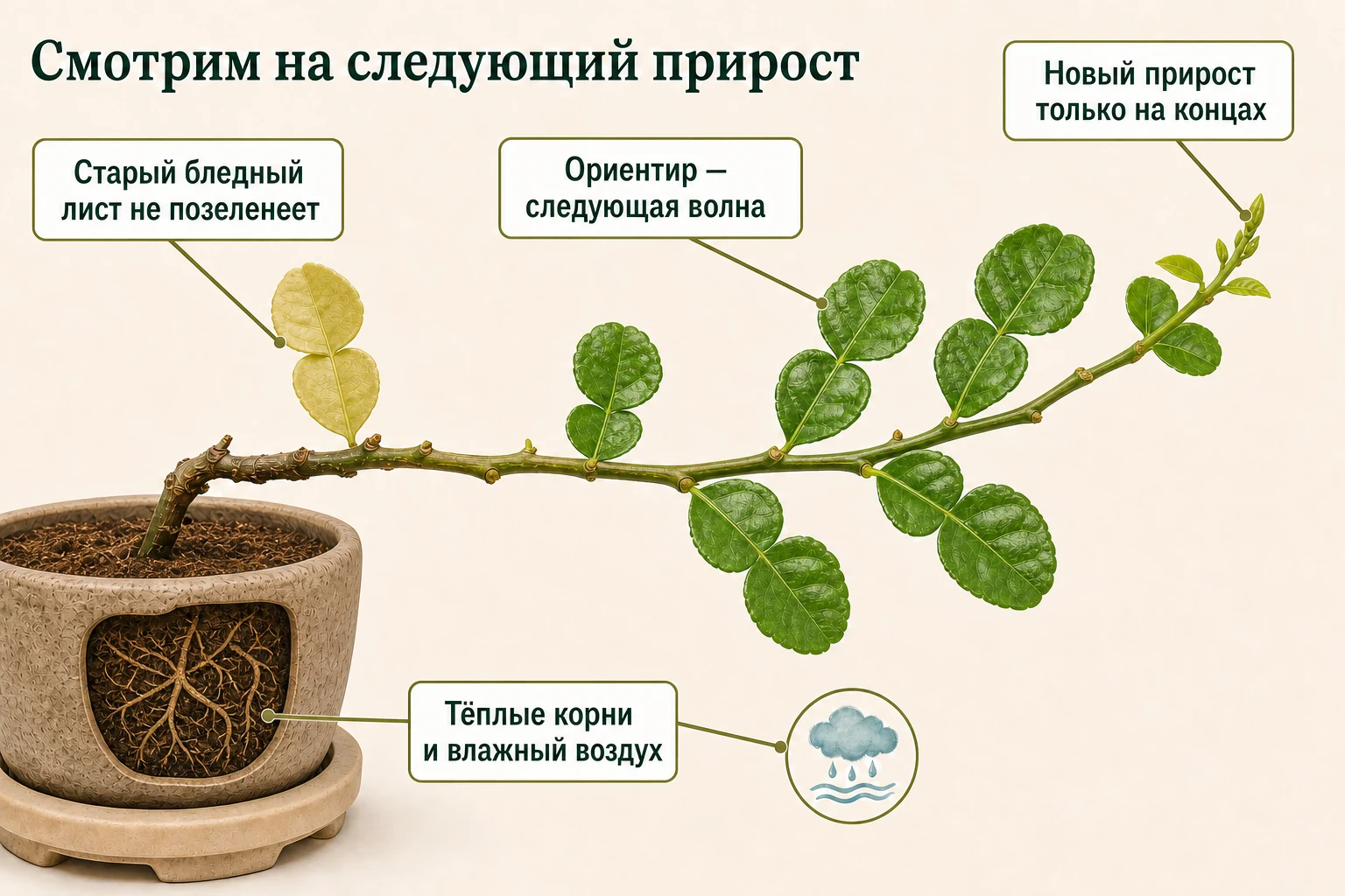 У каффир-лайма старый бледный лист не изменится, поэтому улучшение оценивают по новой зелёной волне на конце побега.