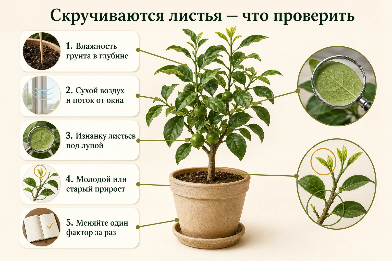 Пятишаговый маршрут проверки скручивания листьев лимона: грунт, воздух, изнанка, возраст прироста и одно изменение за раз.