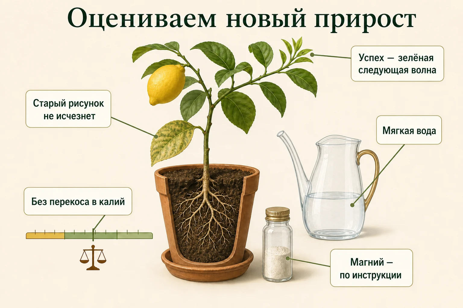 При магниевом хлорозе старый рисунок остаётся, а успех ухода оценивают по зелёной следующей волне.