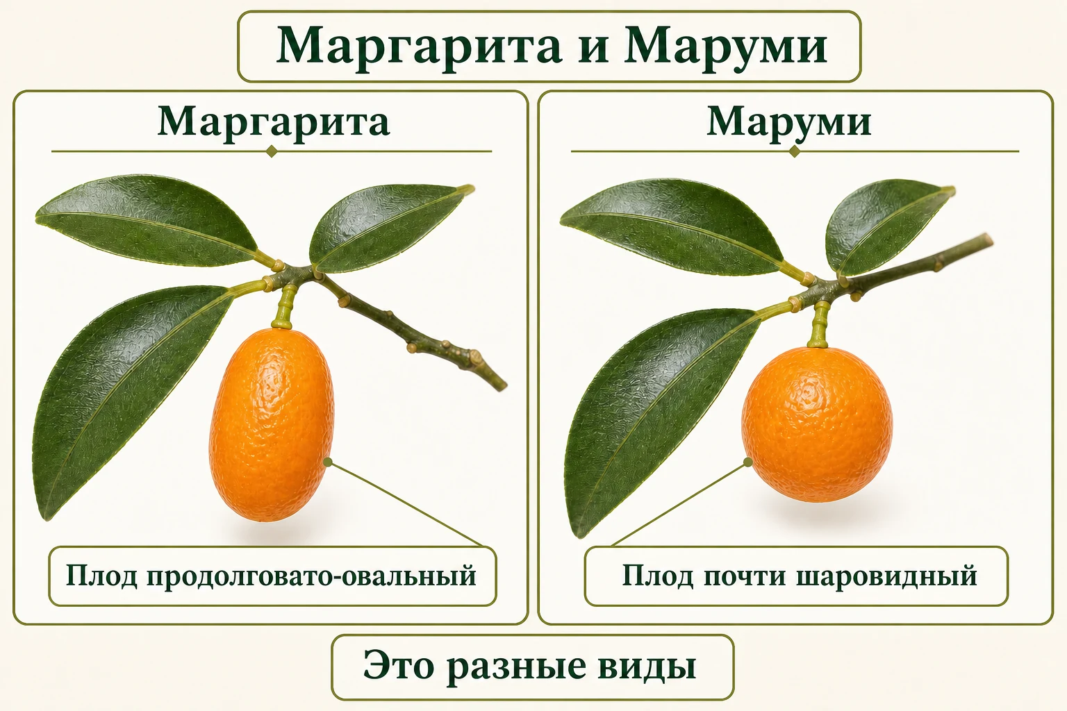 Сравнение прикреплённого овального плода кумквата Маргарита и круглого плода Маруми.