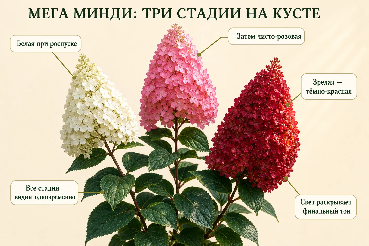 Один куст Мега Минди с белой, чисто-розовой и тёмно-красной прикреплёнными метёлками разного возраста.