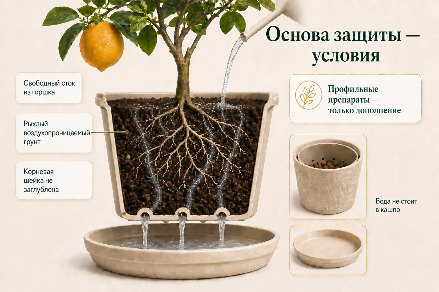 Свободный дренаж, рыхлый грунт, незаглублённая корневая шейка и отсутствие воды в кашпо составляют основу защиты цитруса от фитофтороза.