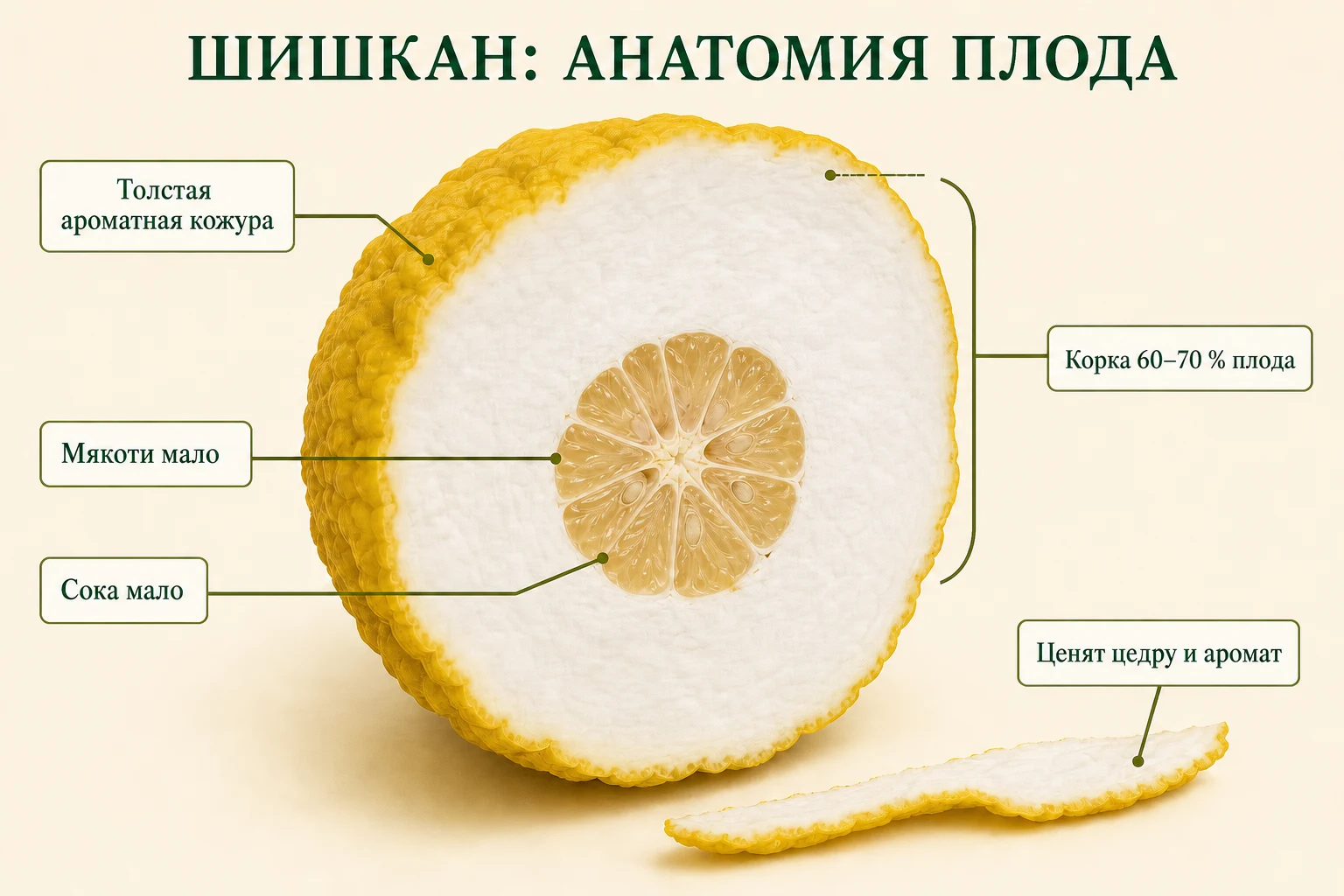 Разрез Шишкана, в котором толстая ароматная корка занимает большую часть плода, а мякоти и сока мало.