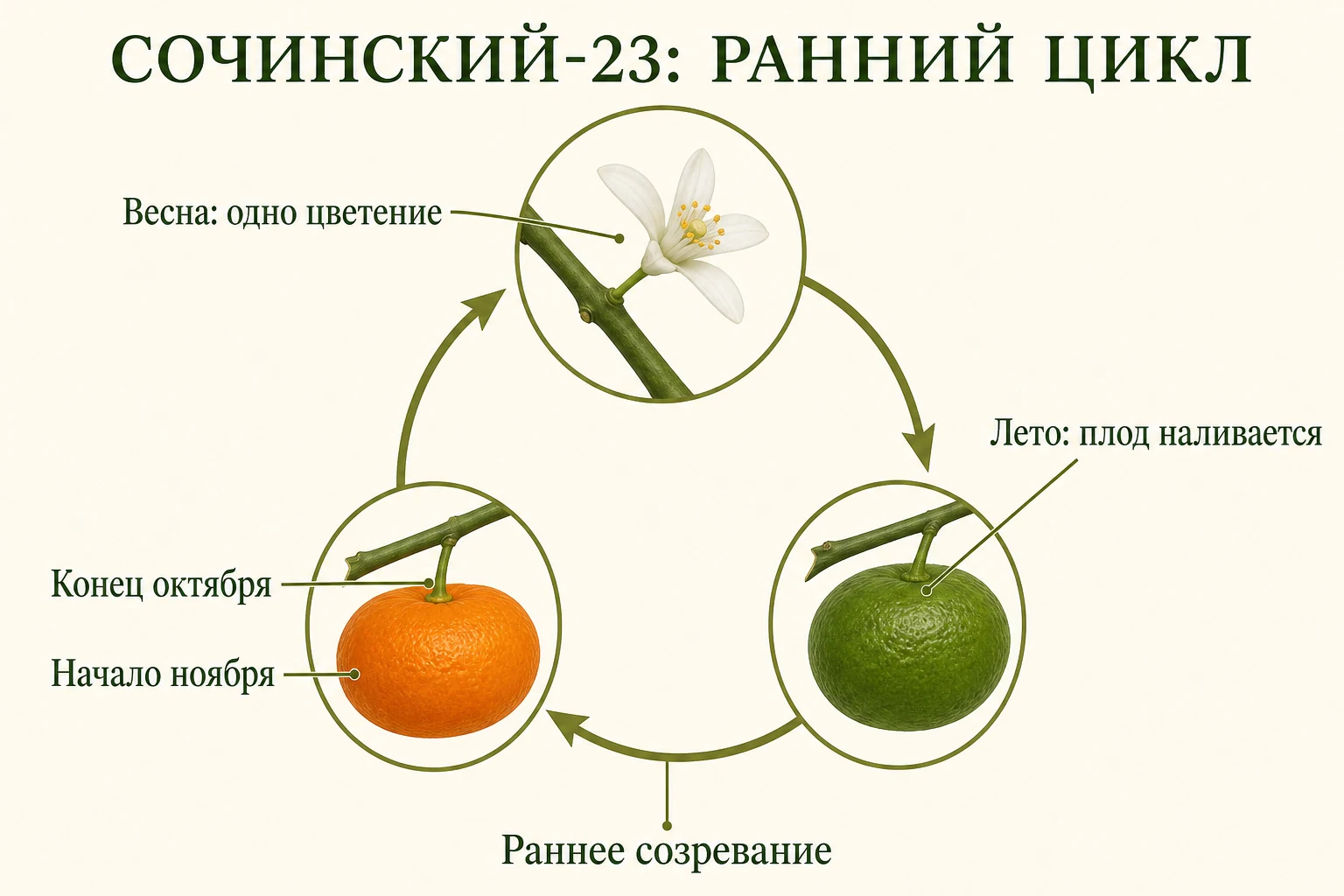 Радиальный цикл мандарина Сочинский-23 от единственного весеннего цветения до раннего созревания в конце октября — начале ноября.