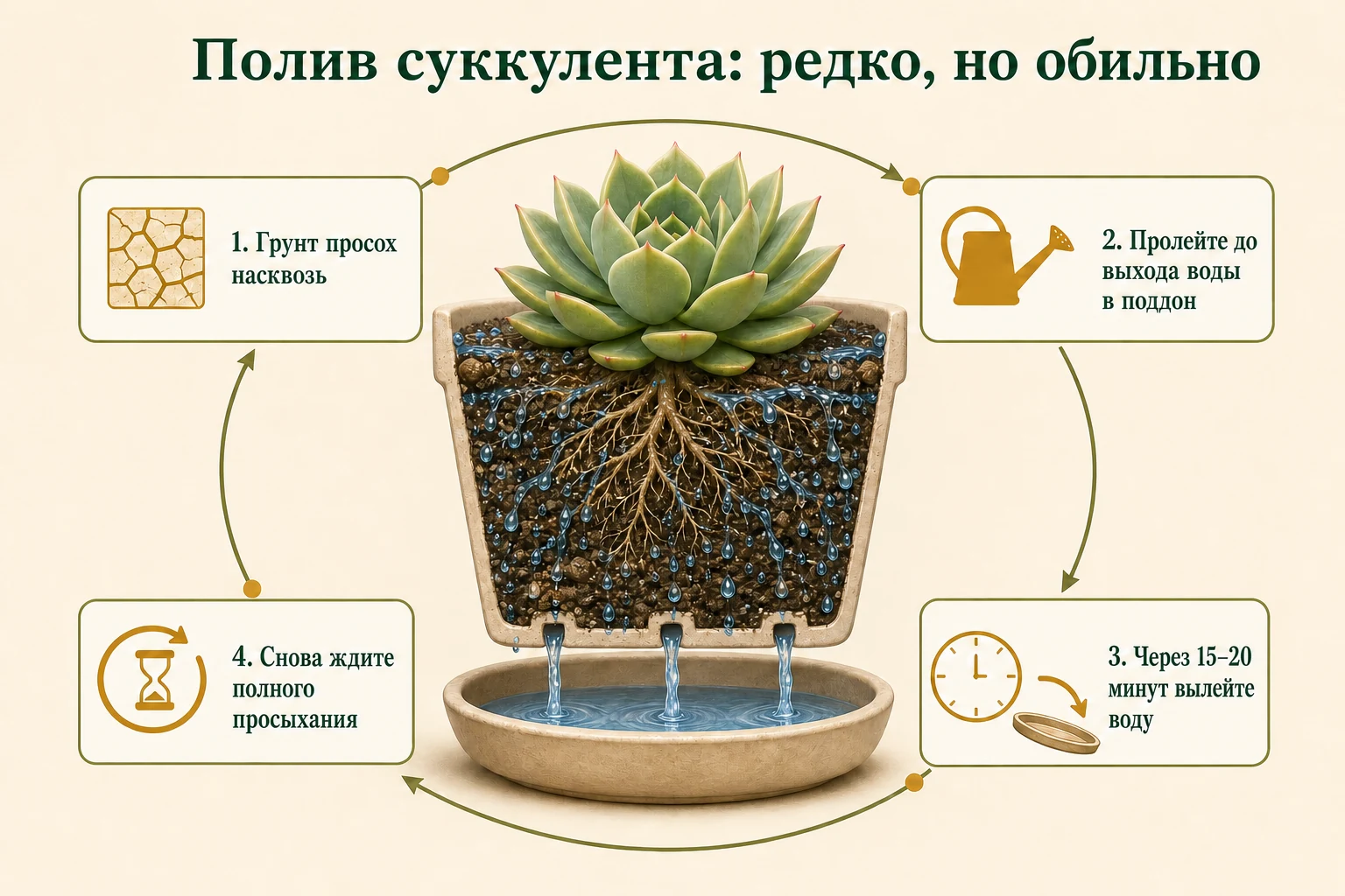 Правильный полив суккулента: сухой грунт, пролив, выход воды через нижние отверстия и пустой поддон.