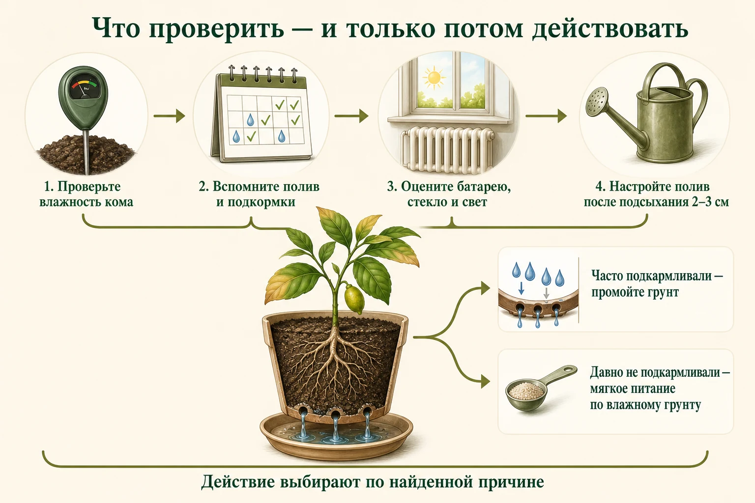 Безопасная последовательность при сухих кончиках лимона: проверить влажность, историю ухода и условия, затем выбрать промывку или мягкое питание.
