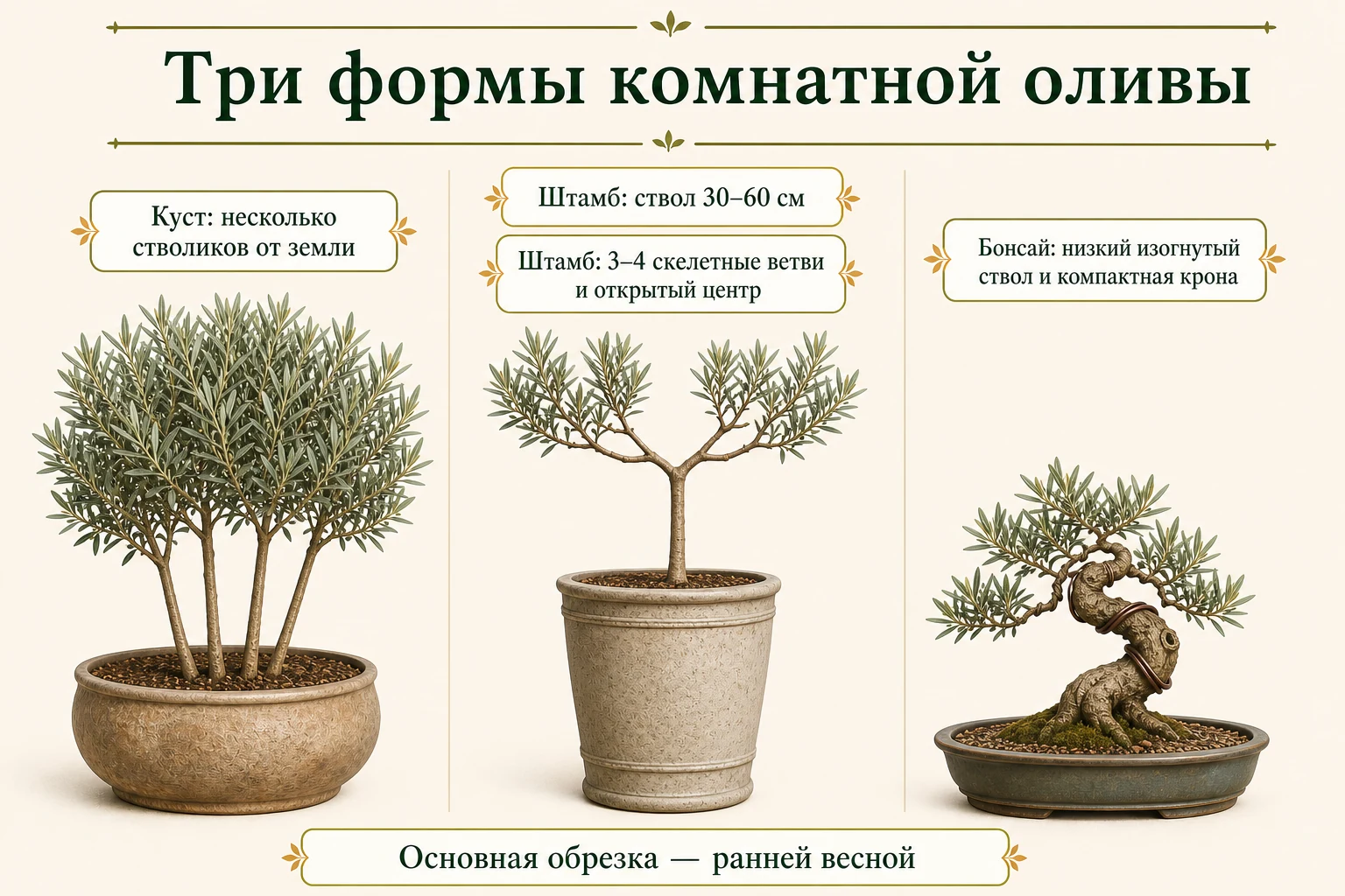 Три разные формы комнатной оливы: многоствольный куст, штамб 30–60 см с открытой кроной и низкий бонсай.