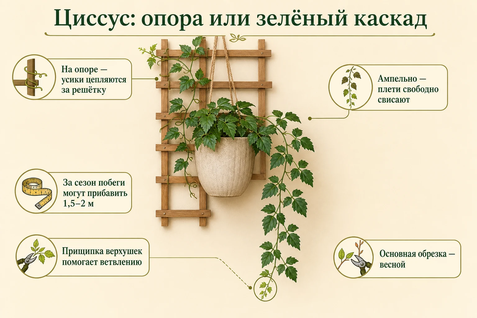 Один циссус с двумя длинными плетями: одна цепляется усиками за решётку, другая свисает ампельным каскадом.