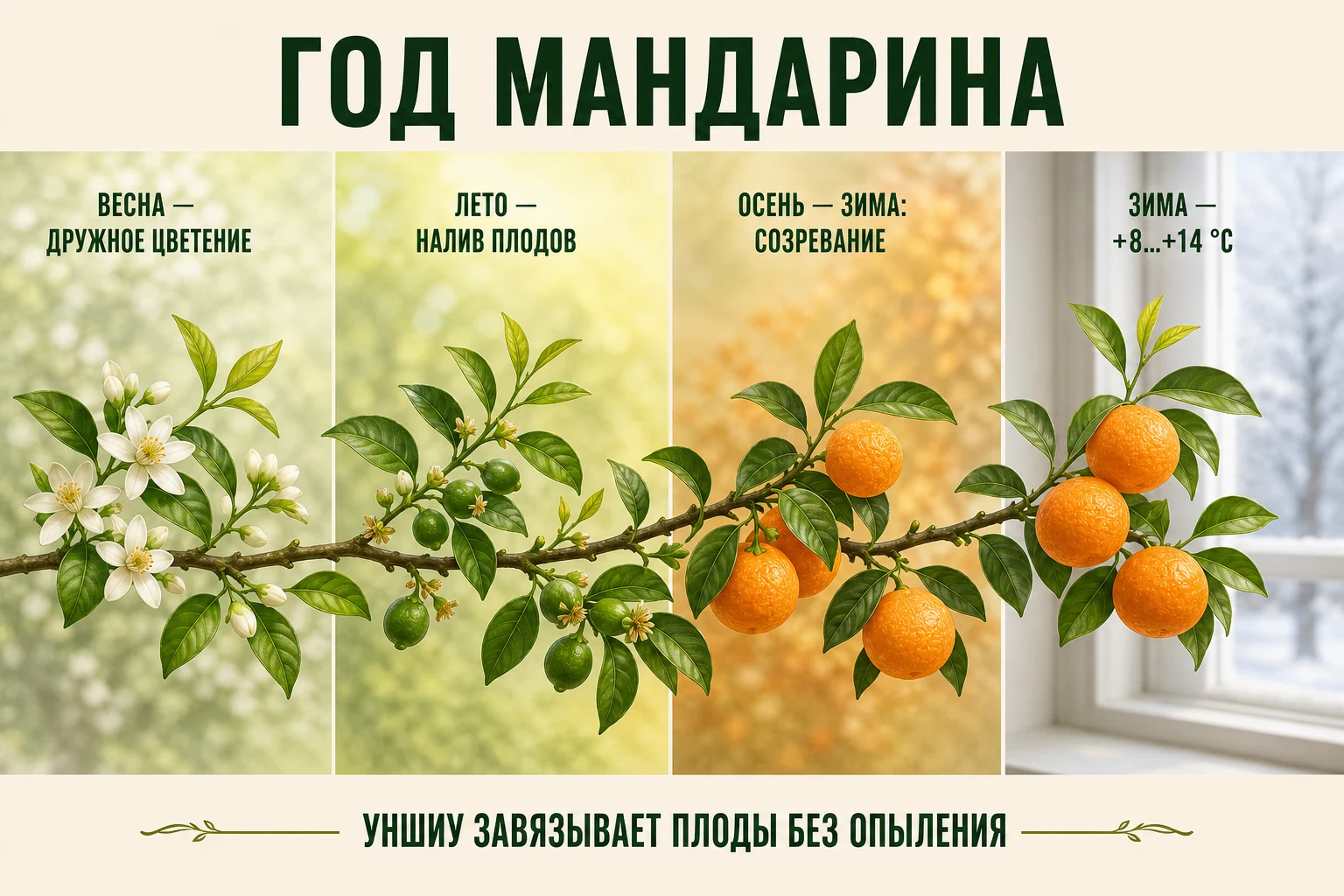 Годовой ритм комнатного мандарина от весеннего цветения до осенне-зимнего созревания