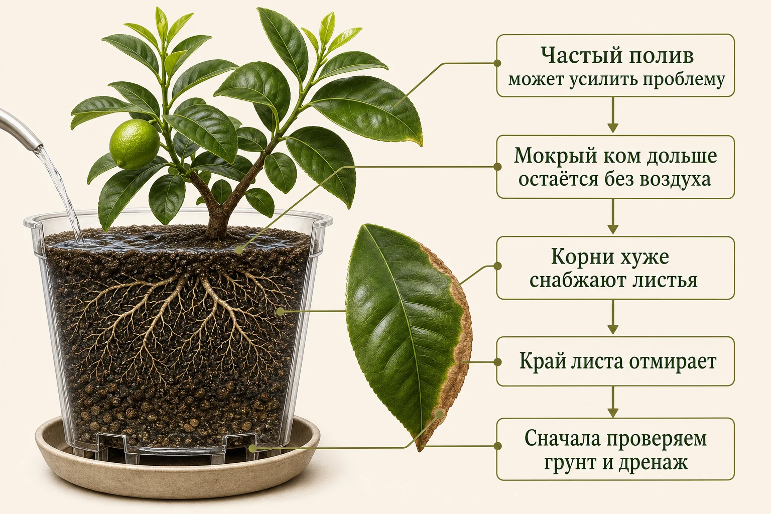 Схема показывает, как постоянно мокрый грунт уменьшает доступ воздуха к корням и может привести к краевому некрозу листа лимона.