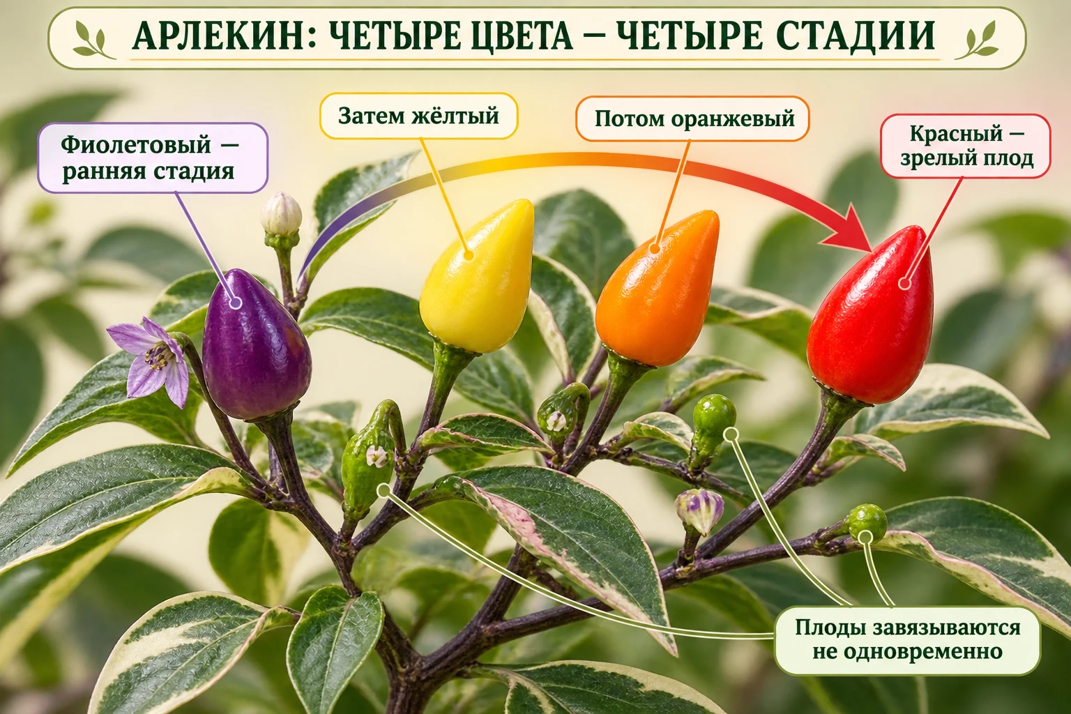 Один куст перца Арлекин с фиолетовыми, жёлтыми, оранжевыми и красными плодами разных стадий.