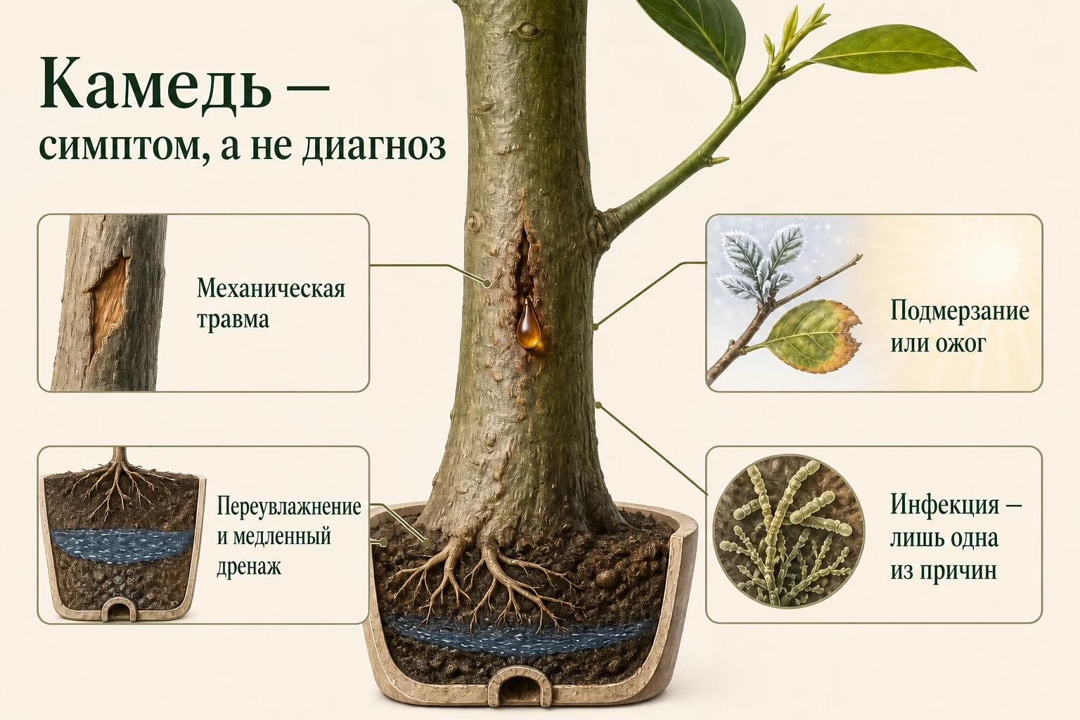 Капля камеди на стволе цитруса и четыре возможных контекста её появления.