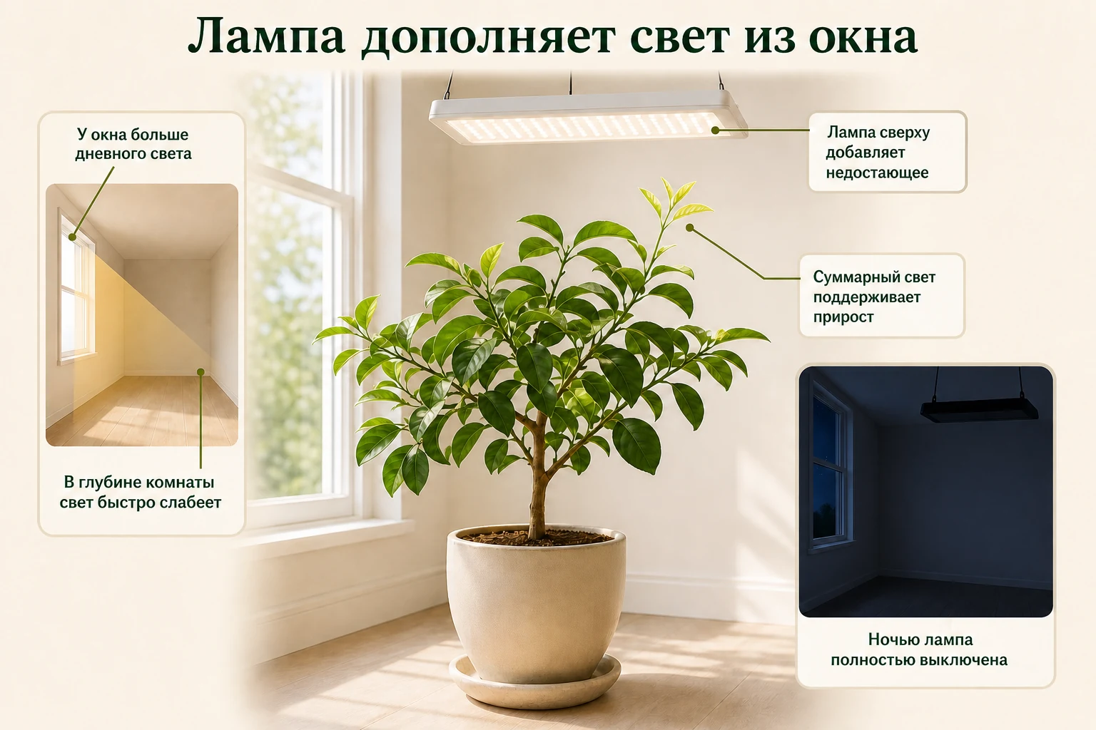 Лимон получает основной дневной свет у окна, фитолампа добавляет недостающее сверху, а ночью полностью выключается.