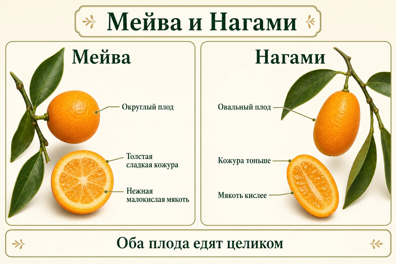 Сравнение кумкватов: округлая сладкая Мейва с толстой кожурой и овальный более кислый Нагами с кожурой тоньше.
