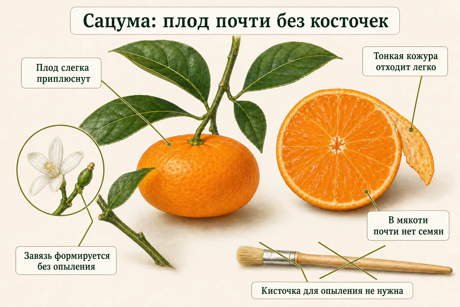 Приплюснутый плод Сацумы с тонкой легко отходящей кожурой и практически бессемянной мякотью, образующейся без опыления.