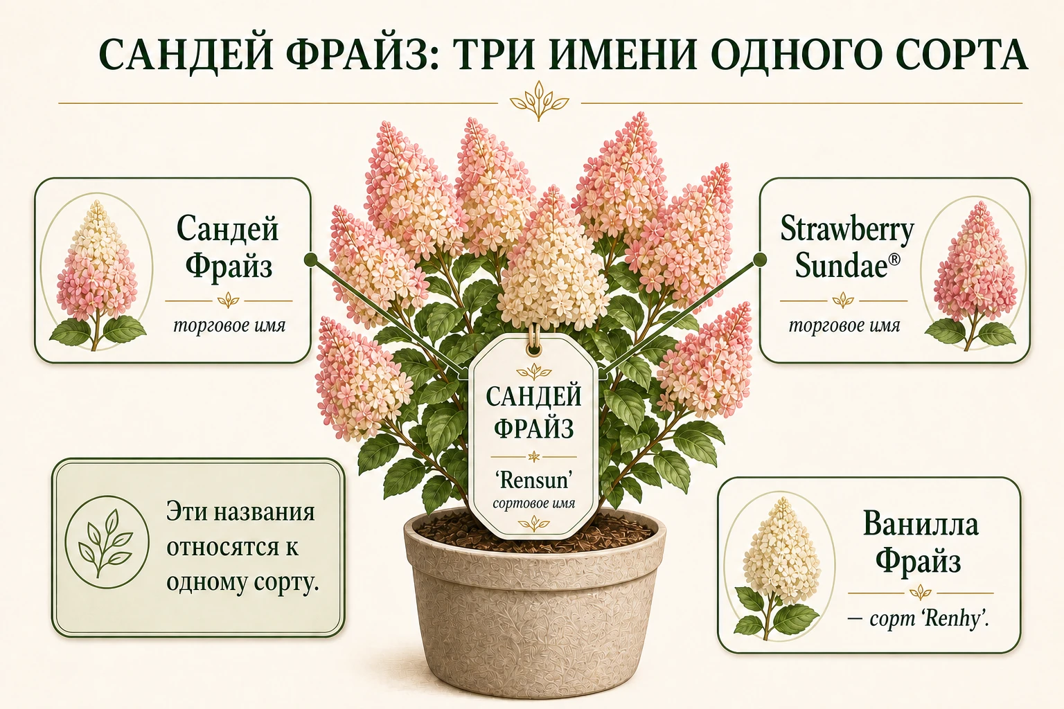 Одна бирка 'Rensun', названия Сандей Фрайз и Strawberry Sundae® и отдельное предупреждение о 'Renhy'.