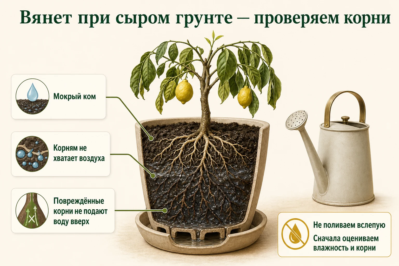 При вялости цитруса в сыром грунте сначала проверяют влажность кома и корни: перелив лишает корни воздуха.