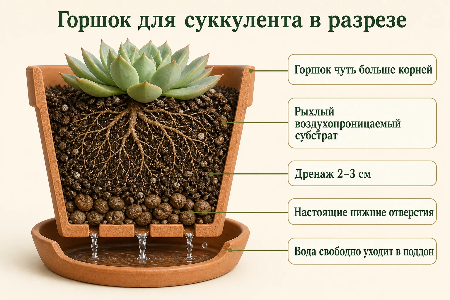 Горшок для суккулента в разрезе: рыхлый субстрат, дренаж 2–3 см и настоящие отверстия над поддоном.