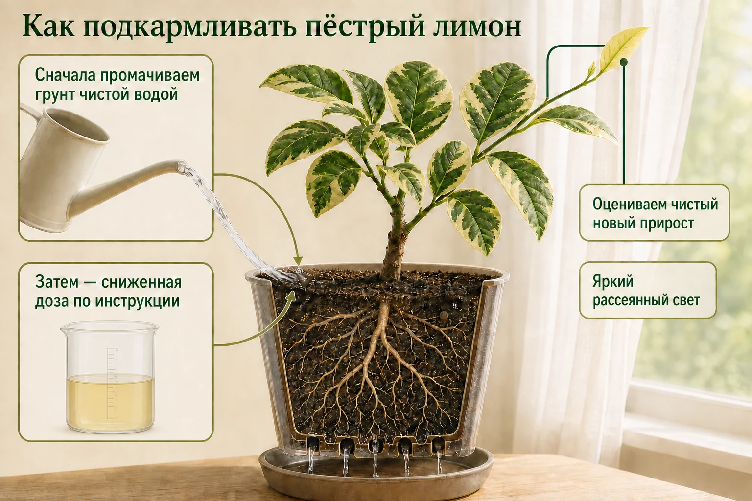 Пёстрый лимон сначала поливают чистой водой, затем подкармливают сниженной дозой и держат на ярком рассеянном свету.