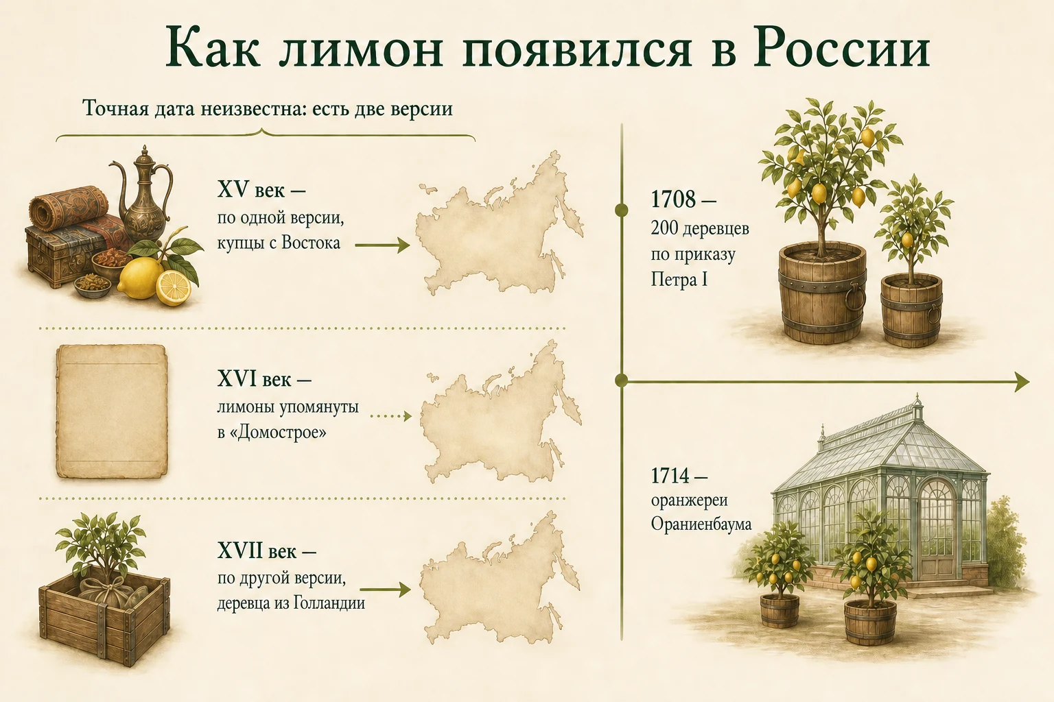 Две версии появления лимона в России и временная линия от XV–XVII веков к 1708 и 1714 годам.