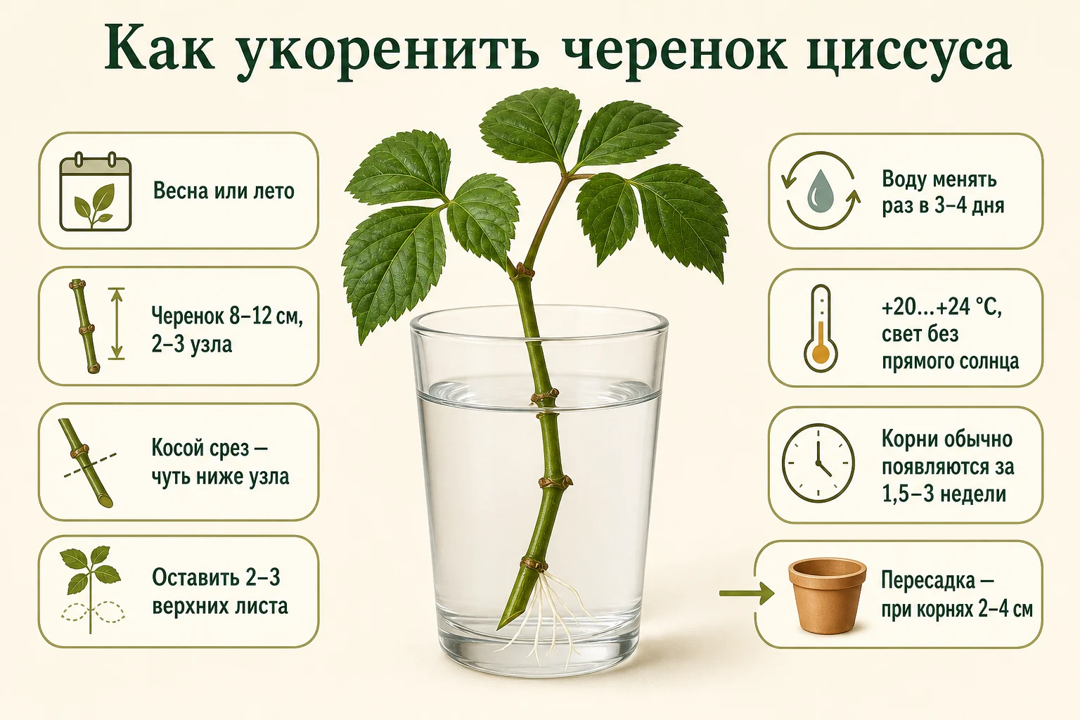 Один черенок циссуса с тремя узлами укореняется в воде; корни 2–4 см растут из нижнего узла.