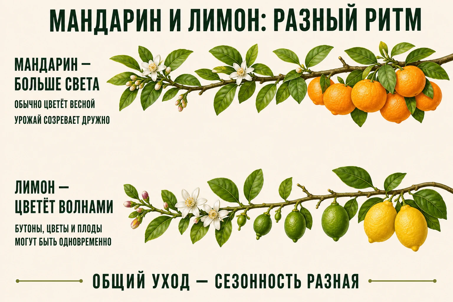 Сравнение сезонного цветения мандарина и ремонтантного волнового цветения лимона