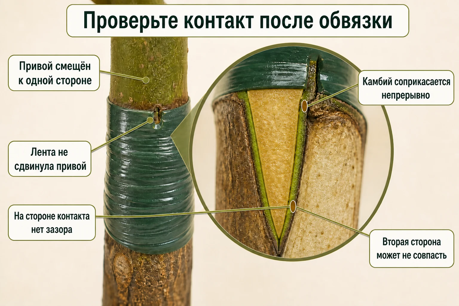 Диагностическая проверка обвязанной прививки в расщеп: камбий остаётся в контакте с одной стороны, а лента не сдвигает привой.