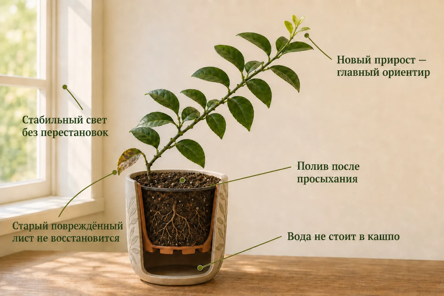 На одной ветви лимона показаны старый повреждённый лист и свежий прирост на конце как ориентир улучшения после стабилизации условий.