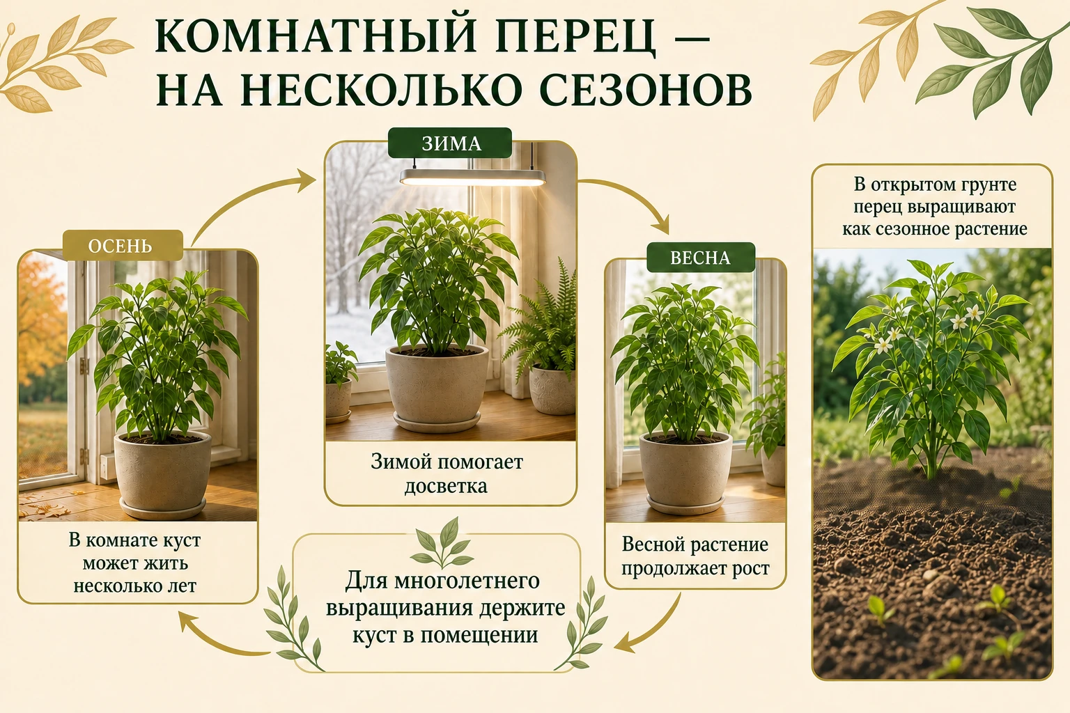 Два сценария одного перца: многолетняя жизнь в комнате с зимней досветкой и завершение сезона от мороза в грунте.