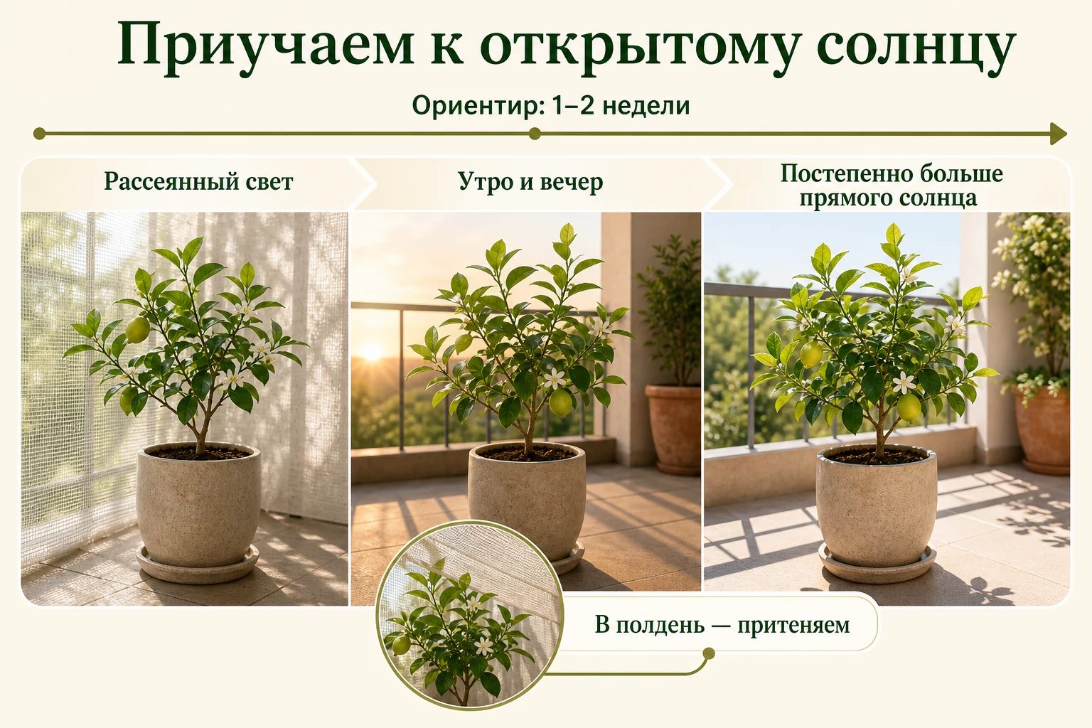 Постепенная адаптация цитруса к открытому солнцу за одну-две недели: рассеянный свет, утро и вечер, затем больше прямого солнца с притенением в полдень.