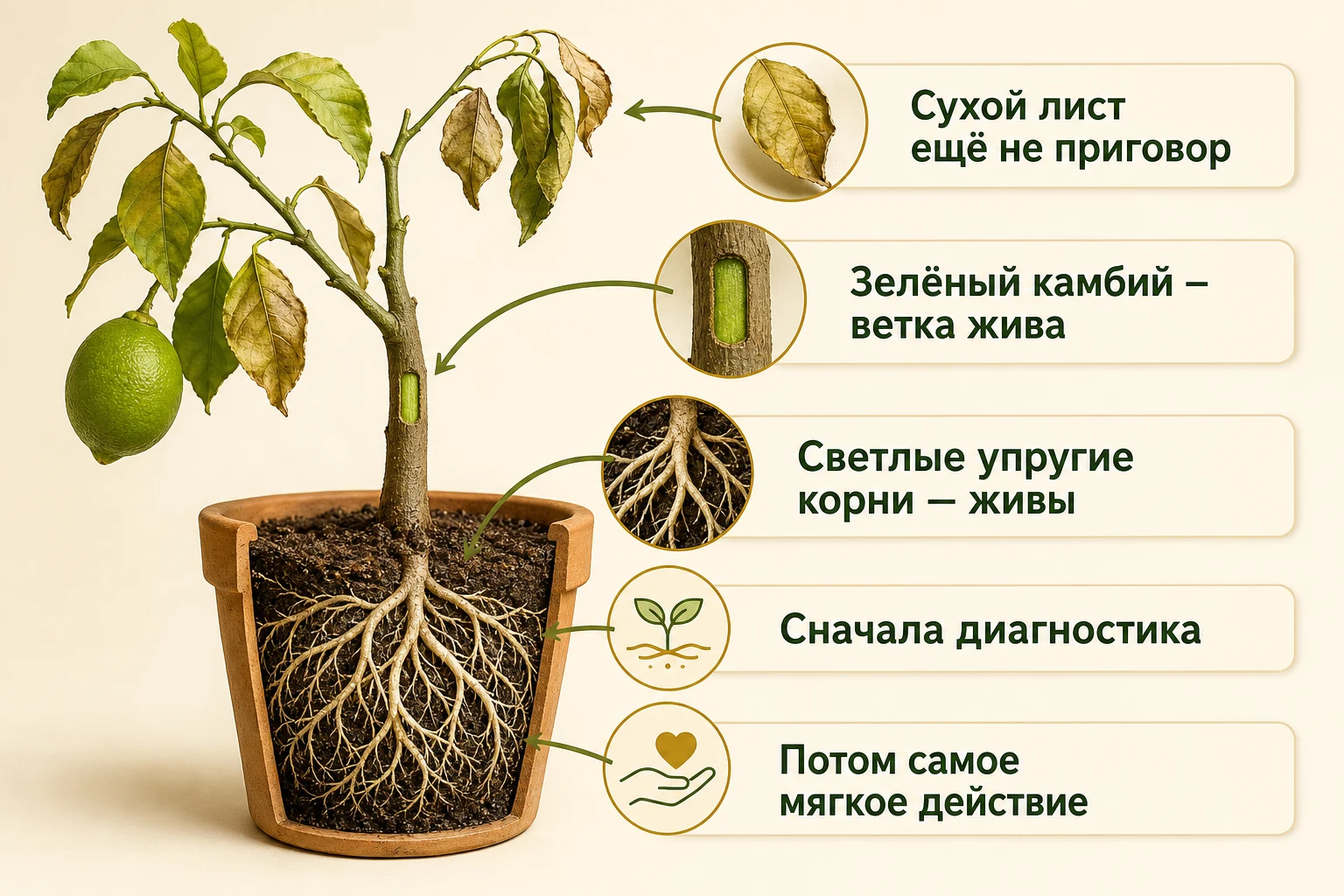 Диагностика ослабленного лайма по зелёному камбию и светлым упругим корням, а не только по сухим листьям.