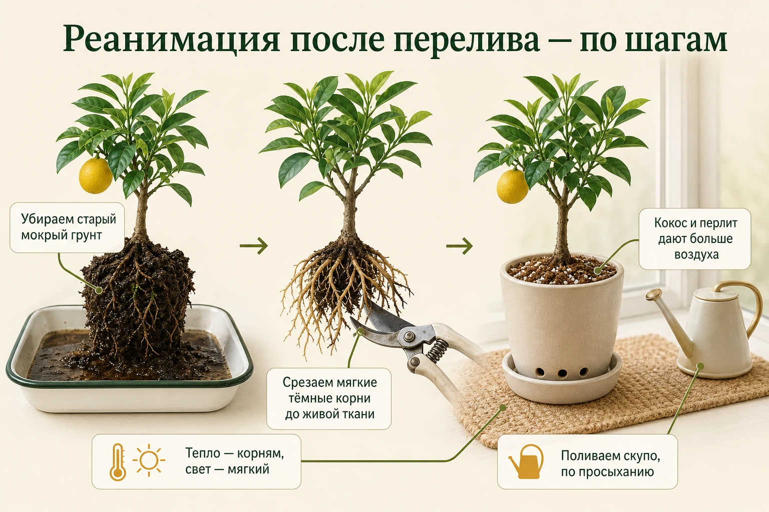 После перелива старый мокрый грунт убирают, повреждённые корни срезают и пересаживают цитрус в кокос с перлитом.