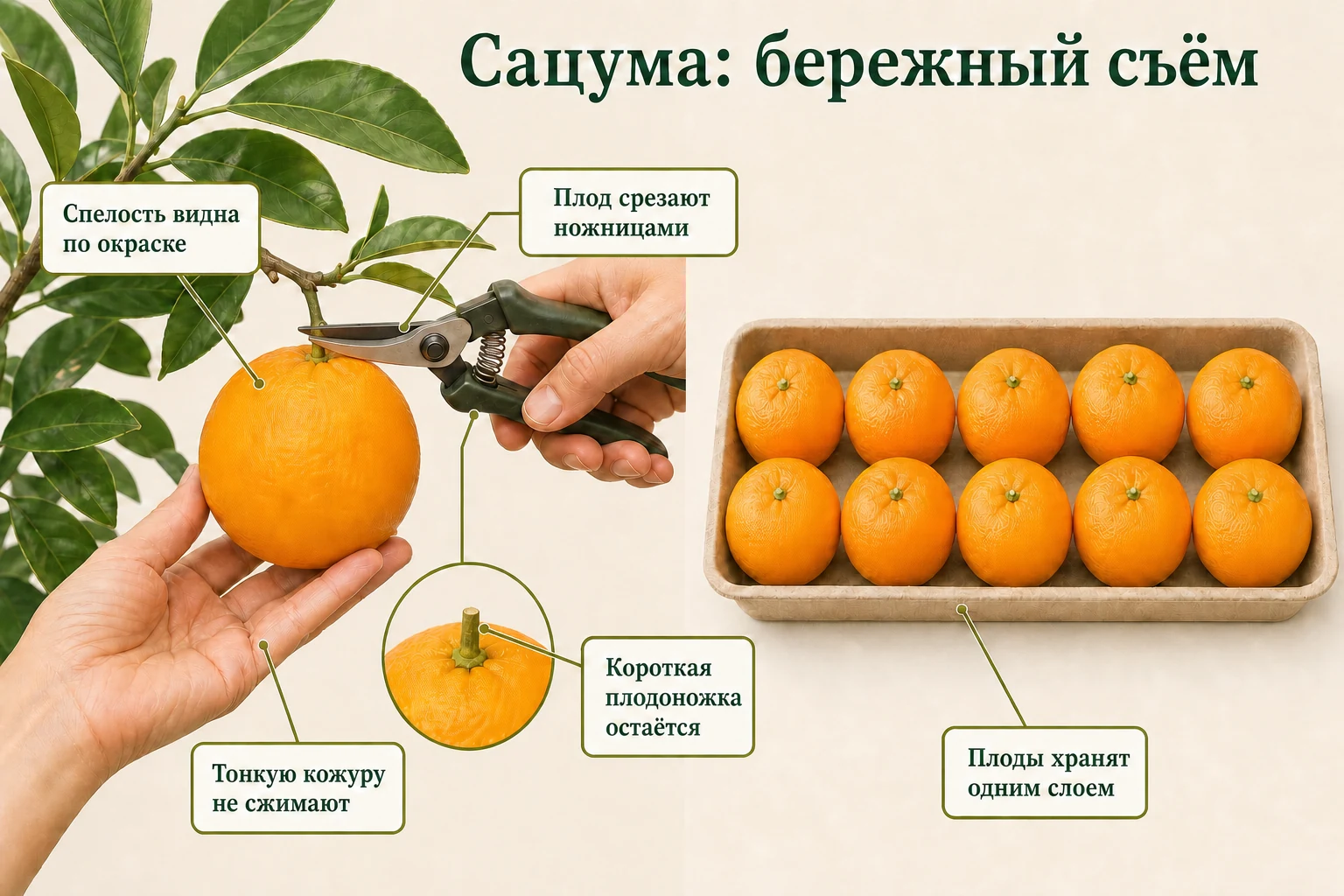 Бережный съём Сацумы ножницами с короткой плодоножкой и хранение непомятых плодов одним слоем.