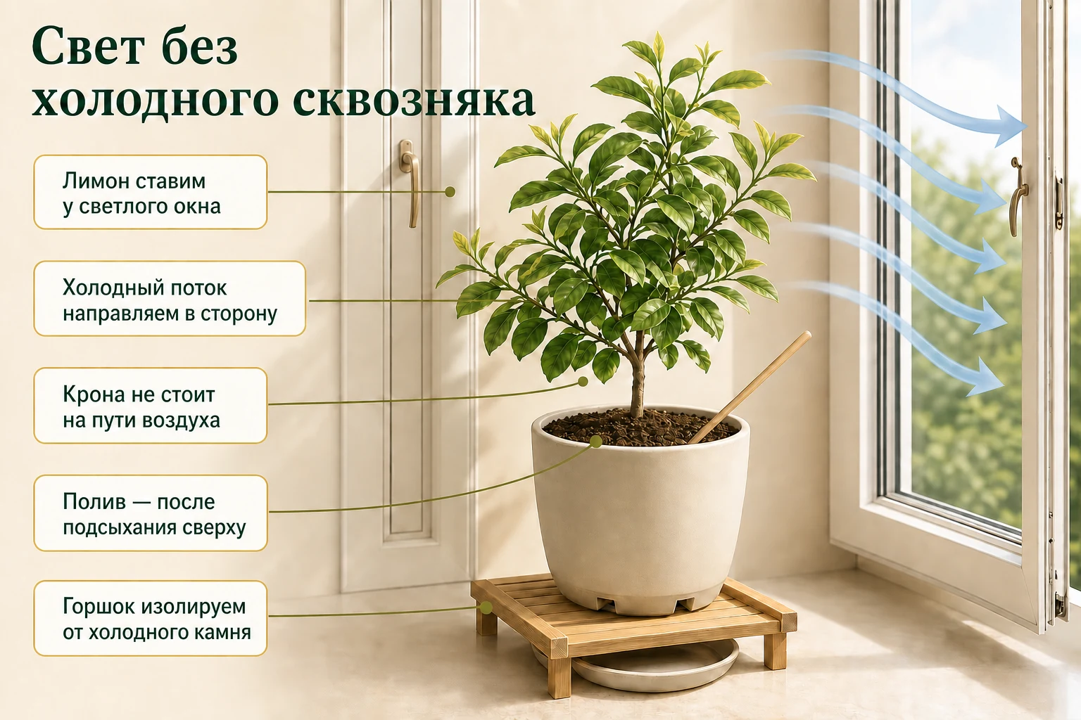 Лимон размещают у светлого окна, направляя холодный поток проветривания мимо кроны и изолируя горшок от холодного подоконника без перекрытия дренажа.