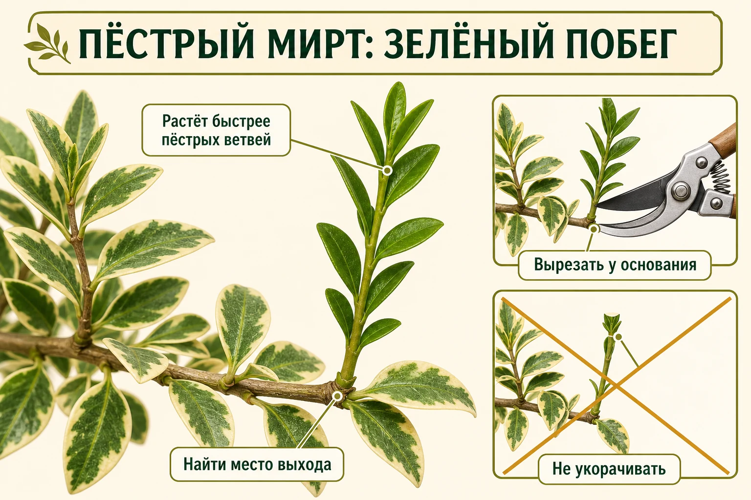 Полностью зелёный побег на вариегатном мирте и правильное удаление этого побега у основания.