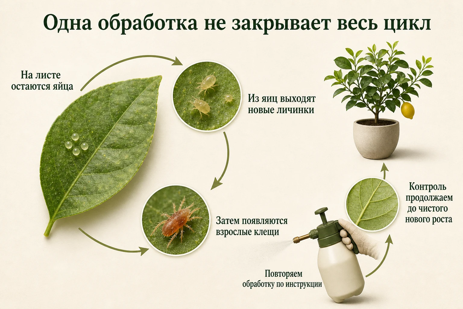Цикл клеща и повторные обработки: наглядная схема для комнатных цитрусов