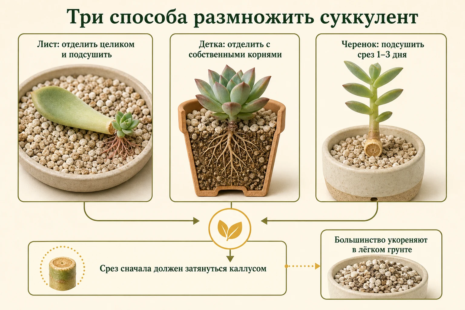Три способа размножения суккулентов: целым листом, деткой с корнями и подсушенным черенком.