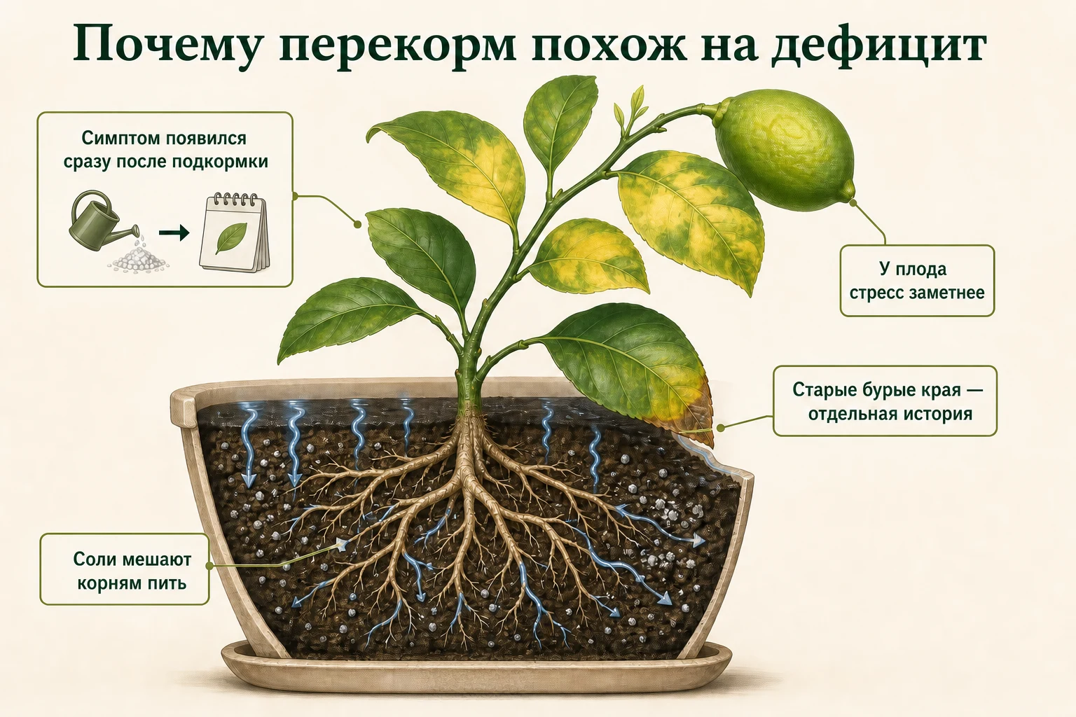 После подкормки избыток солей затрудняет поглощение воды корнями, а пятнистая желтизна заметнее на ветви лимона с плодом.