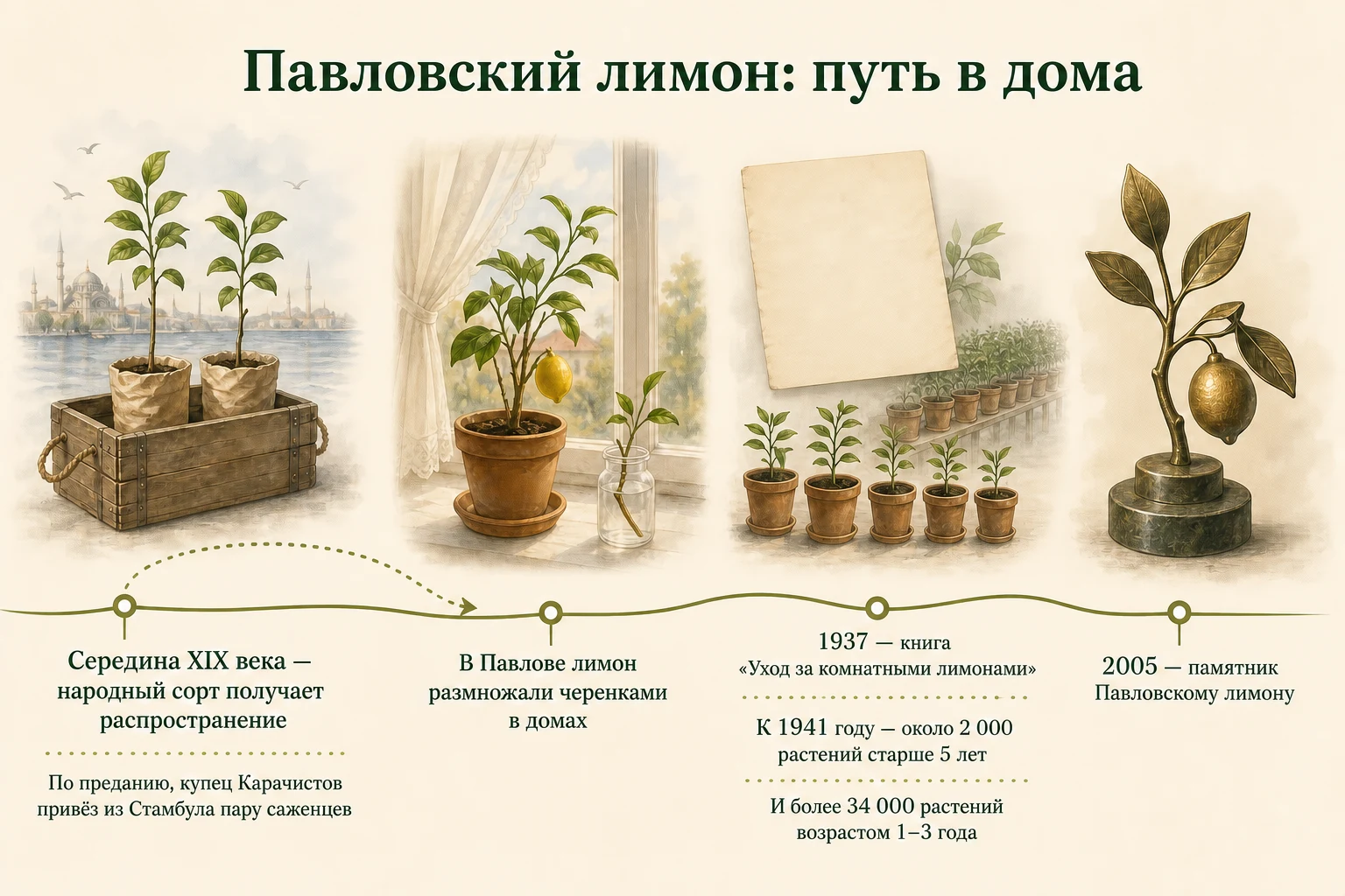 Временная линия Павловского лимона: предание о двух саженцах, домашнее черенкование, данные 1937 и 1941 годов и памятная дата 2005.