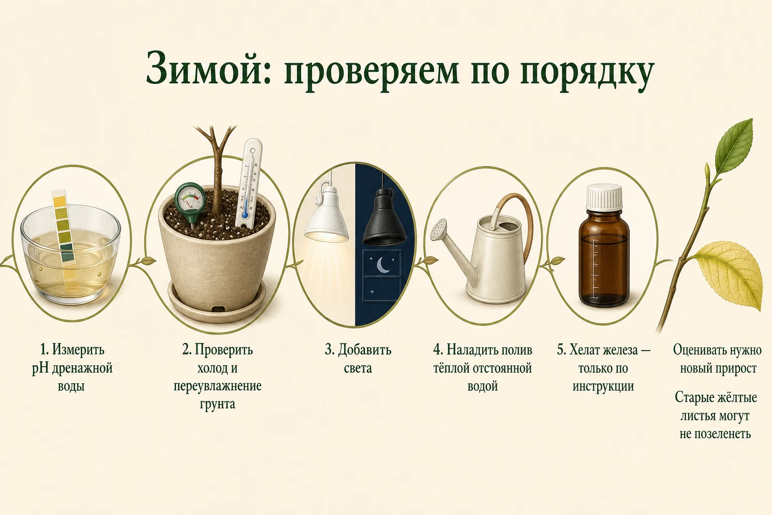 Последовательность зимней проверки верхушечного хлороза лимона: pH, состояние грунта, свет, полив и хелат железа по инструкции.