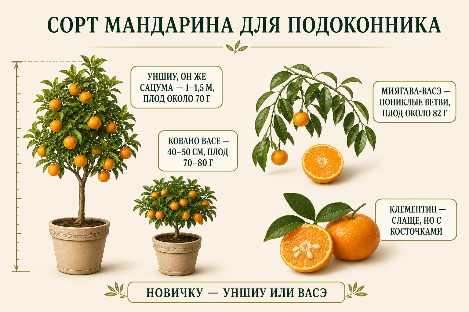 Сравнение высоты, плодов и особенностей Уншиу, Ковано Васе, Миягава-Васэ и Клементина