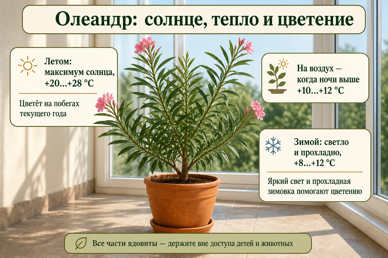Олеандр на солнечной лоджии: лето 20–28 °C, светлая прохладная зимовка 8–12 °C и спокойная памятка о безопасности.