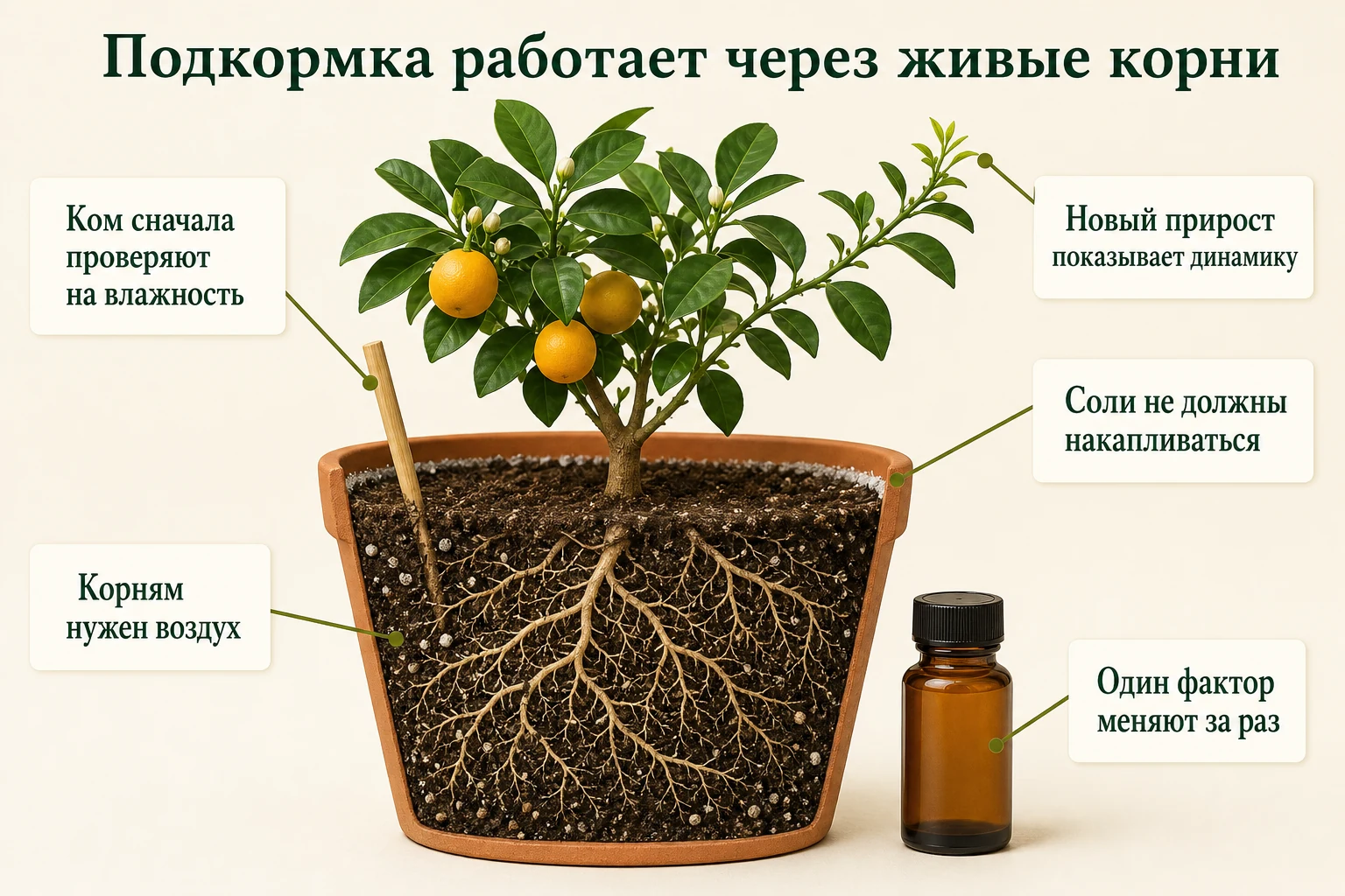Схема проверки корней, влажности, воздуха, солей и нового прироста перед подкормкой.