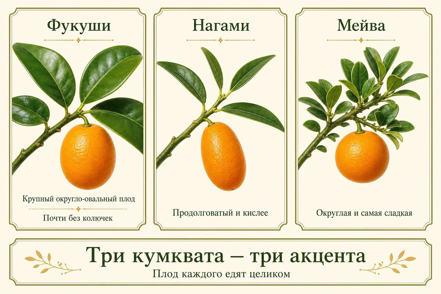 Три кумквата: крупный округло-овальный почти бесколючковый Фукуши, продолговатый кислее Нагами и округлая сладкая Мейва.